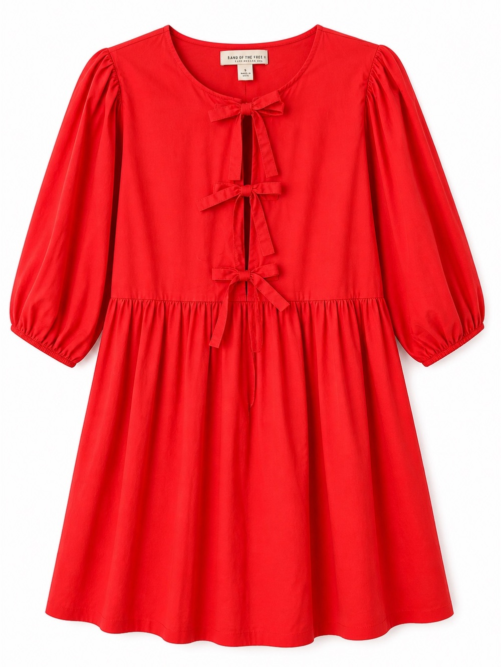 Band of the Free Red Cotton Babydoll Dress NWT Puff Sleeve Tie Front Pockets - Picture 2 of 4